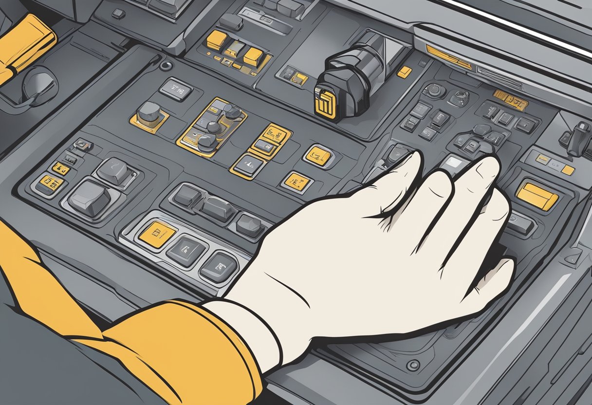 A hand reaching for the throttle control switch on a CAT P5000 for troubleshooting