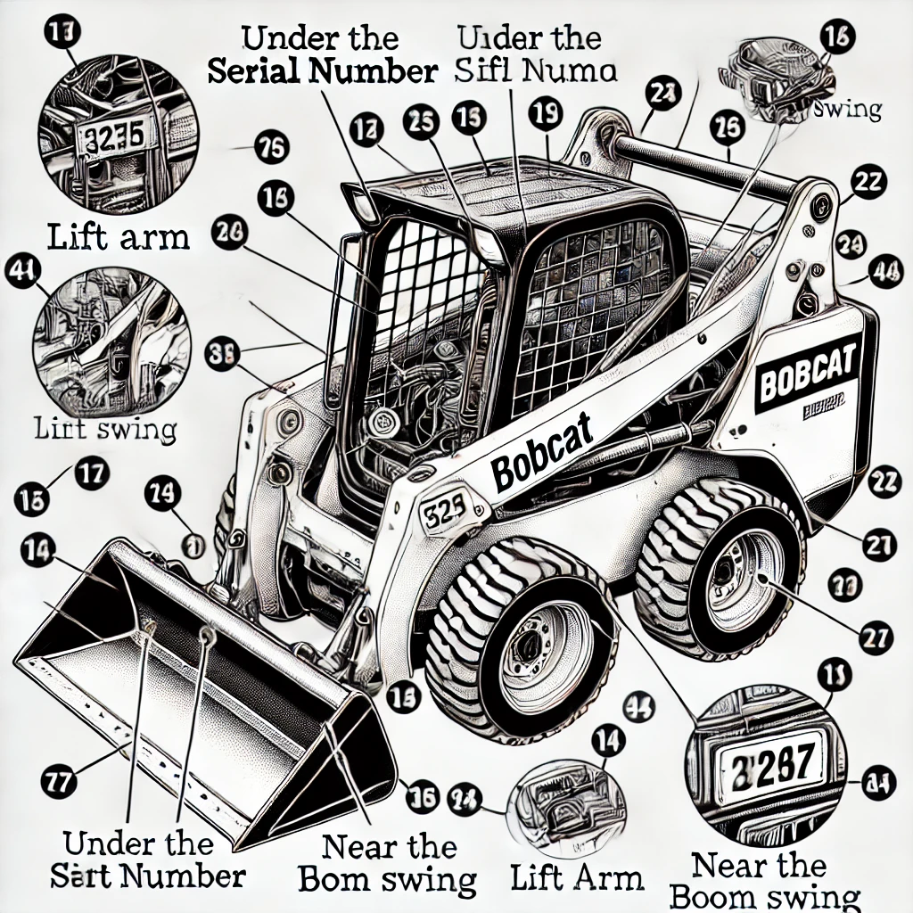 A detailed diagram showing the location of the serial number on various Bobcat models, including under the lift arm and near the boom swing, with arrows and labels indicating specific parts of the machines.