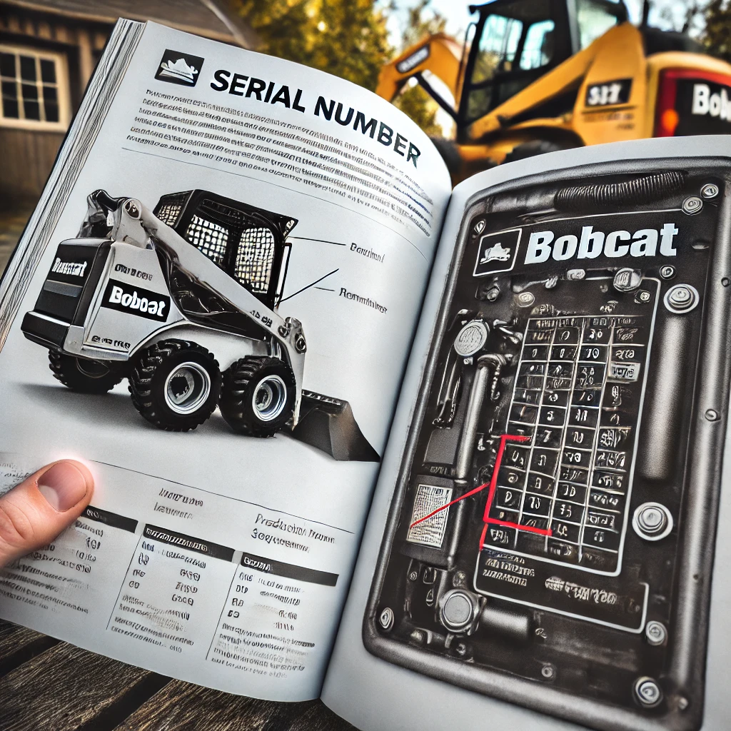 Location of the serial number on a Bobcat loader, with an arrow pointing to the area under the left lift arm where the serial number plate is located.