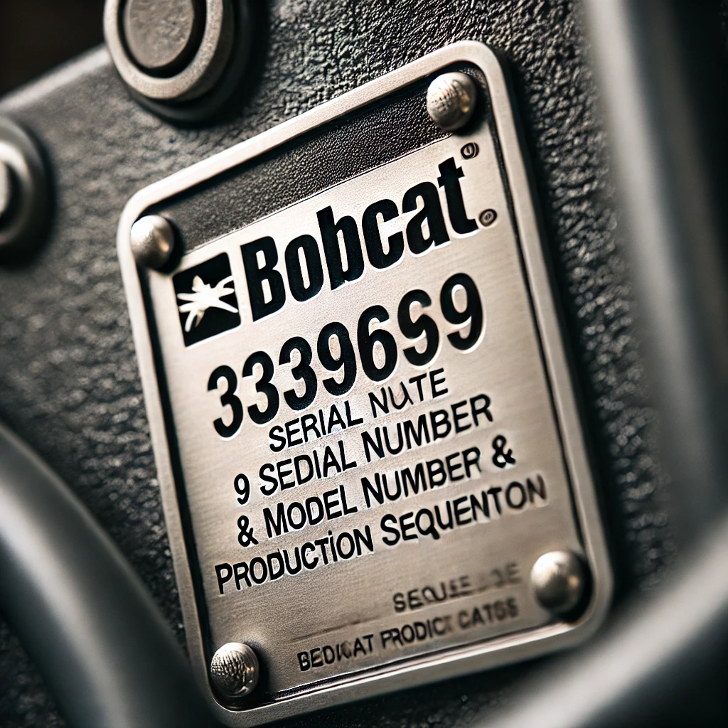 Close-up of a Bobcat serial number plate showing a 9-digit serial number along with the model number and production sequence information, mounted on the machine.