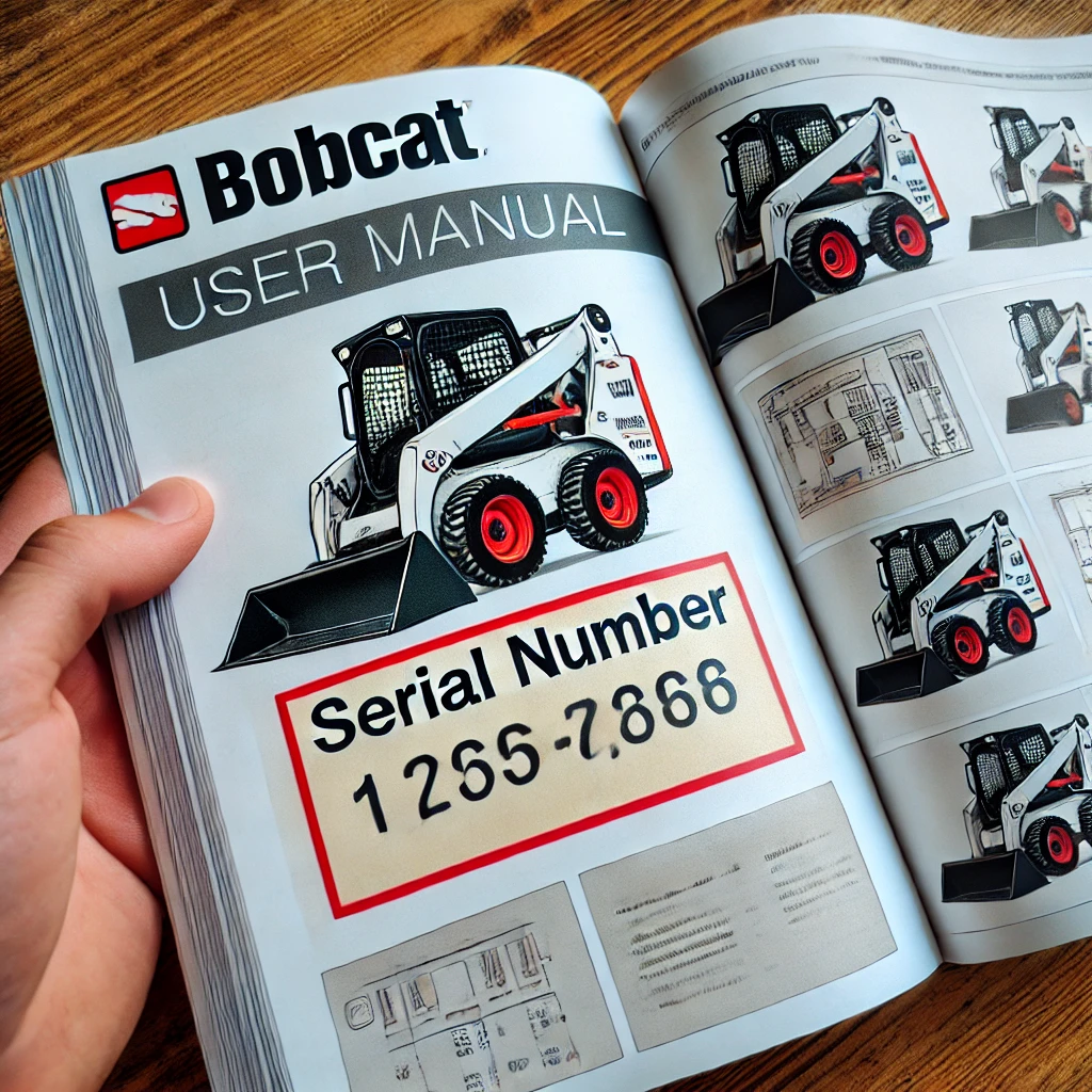 Bobcat user manual opened to a page with the serial number information highlighted, placed on a table in a workshop setting.