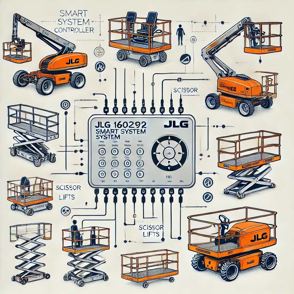 iagram illustrating the compatibility of the JLG 1600292 Smart System Controller with various JLG aerial lift models, including orange-colored boom lifts and scissor lifts, with arrows indicating the connection to the controller.