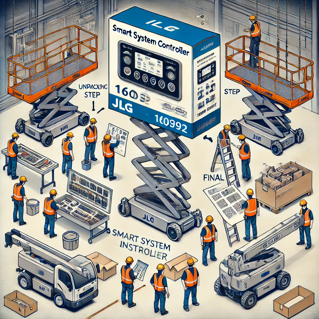 Step-by-step visual guide showing the installation process for the JLG 1600292 Smart System Controller on a JLG aerial lift, set in a workshop or job site environment.