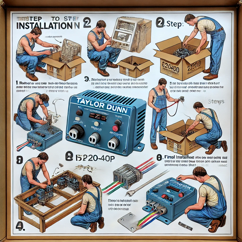 Step-by-step visual guide showing the installation process for the Taylor Dunn 6220400 Controller, set in a workshop environment.