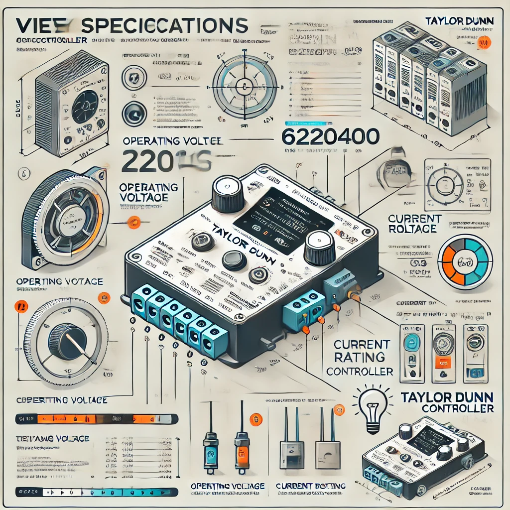 Infographic displaying the key specifications of the Taylor Dunn 6220400 Controller, including operating voltage, current rating, and dimensions.