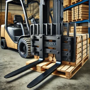 Class II Lumber Forks 1.5 x 8 x 48 attached to a forklift in a warehouse setting.