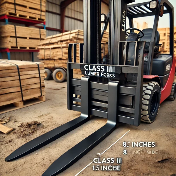 Class III Lumber Forks 1.5 x 8 x 48 attached to a forklift in a busy construction site with pallets of wood.