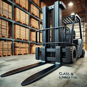 Class III Lumber Forks 1.5 x 8 x 60 attached to a forklift in a large industrial warehouse, showcasing their length and robustness.