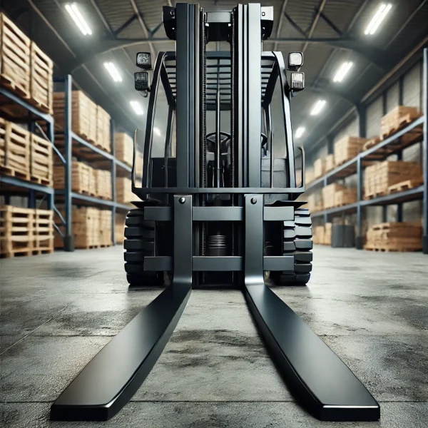 Class IV Lumber Forks 1.5 x 8 x 48 attached to a forklift in a construction site, lifting pallets of lumber.